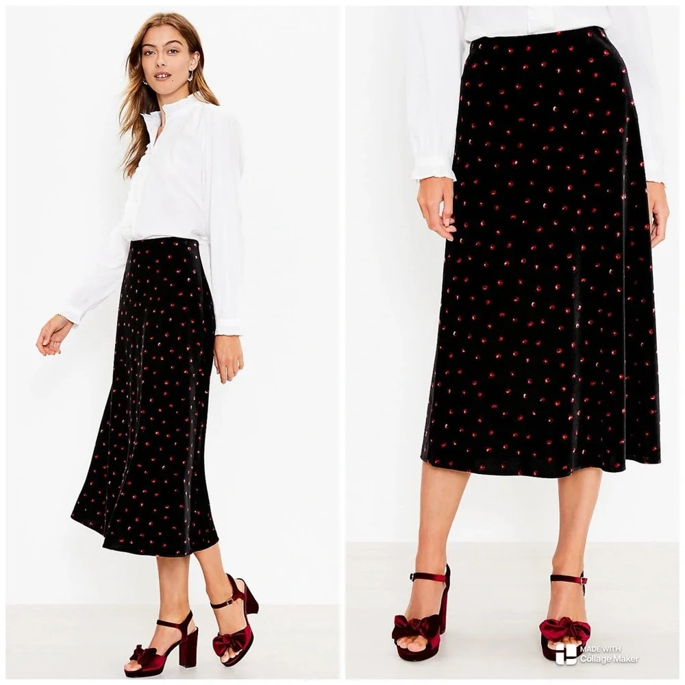 LOFT Black Velvet Midi Skirt with Red Dot Print